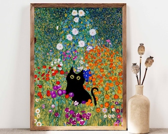 Impression de chat de jardin Gustav Klimt, affiche de chat fleurs Klimt, art de chat noir, impression florale, impression de chat drôle, cadeau drôle, affiche de décoration intérieure PS0501