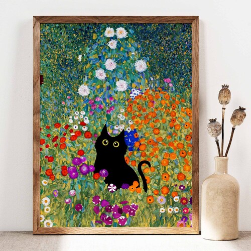 Impression de chat de jardin Gustav Klimt, affiche de chat fleurs Klimt, art de chat noir, impression florale, impression de chat drôle, cadeau drôle, affiche de décoration intérieure PS0501