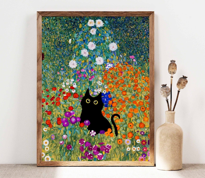 Gustav Klimt Garden Cat Print, Klimt Flowers Cat Poster, Black Cat Art, Floral Print, Funny Cat print, Funny gift, Home decor Poster PS0501 image 1