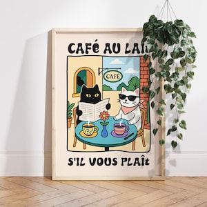 French Cafe Cat Poster Gift, Café Au Lait Wall Art, Kawaii Cat Coffee Print, Cute Parisian Cat Decor, Cat Lover Gift, Coffee Shop Art PS0753