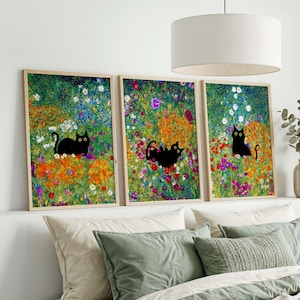 Arte de gato negro, impresión de gato de jardín de Gustav Klimt, póster de gato con flores de Klimt, impresión floral, impresión divertida de gato, regalo divertido, arte de pared de galería