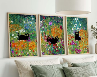 Arte de gato negro, impresión de gato de jardín de Gustav Klimt, póster de gato con flores de Klimt, impresión floral, impresión divertida de gato, regalo divertido, arte de pared de galería