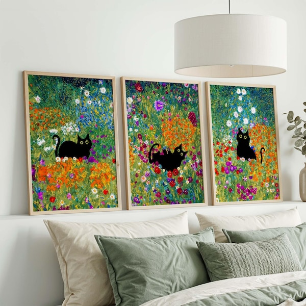 Black Cat Art, Gustav Klimt Garden Cat Print, Klimt Flowers Cat Poster, Floral Print, Funny Cat print, Funny gift, Gallery Wall Art