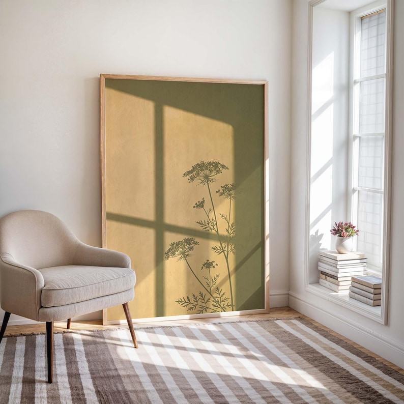 Väggkonst med fönsterskugga i vildblomma, botaniskt tryck med drottning Annes spets, affisch med senapsgult fönsterljus, olivgrön Japandi-dekor bild 6