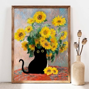 クロード・モネのひまわり猫プリント、モネ猫ポスター、黒猫アート、花柄プリント、面白い猫プリント、面白いギフト、ホームデコレーションポスター PS0342