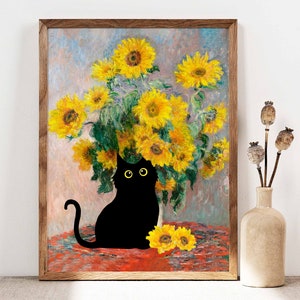 Impresión de gato de girasoles de Claude Monet, cartel de gato de Monet, arte de gato negro, estampado floral, estampado de gato divertido, regalo divertido, cartel de decoración del hogar PS0342