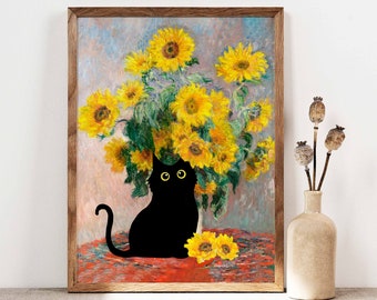 Claude Monet Sonnenblumen Katze Druck, Monet Katze Poster, schwarze Katze Kunst, Blumendruck, lustiges Katzengeschenk, lustiges Geschenk, Wohnkultur Poster PS0342