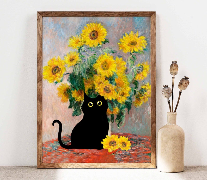 Impression de chat tournesols de Claude Monet, affiche de chat de Monet, art de chat noir, impression florale, impression de chat drôle, cadeau drôle, affiche de décoration intérieure PS0342 image 1