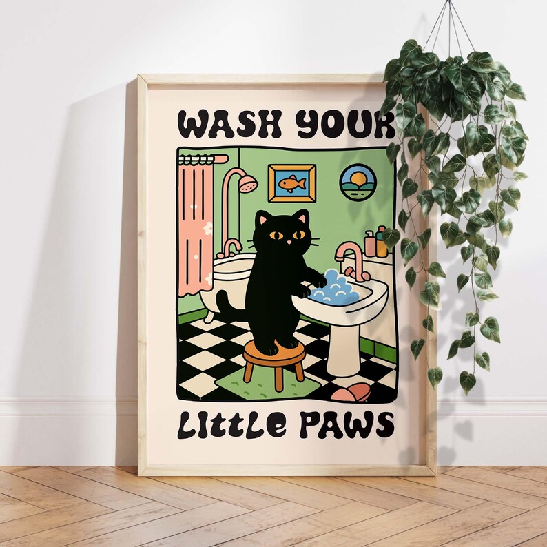 Wash Your Paws Cat Print Gift, Cute Bathroom Cat Wall Art, Funny Cat ...