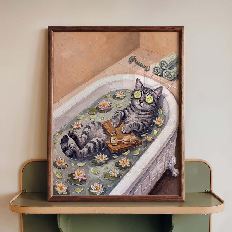 Gray Tabby Cat Bathroom Wall Art Print, Funny Spa Cat Poster, Whimsical ...