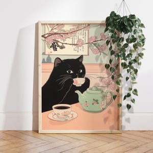 Black cat drinking tea, Japan art print, Japanese wall decor, Neutral minimalist poster, Aesthetic wall art, Unique Cat Lover Gift PS0683