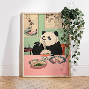Panda eating noodles Japan art print, Japanese wall decor, Neutral minimalist poster, Aesthetic wall art, Unique Cat Lover Gift PS0672
