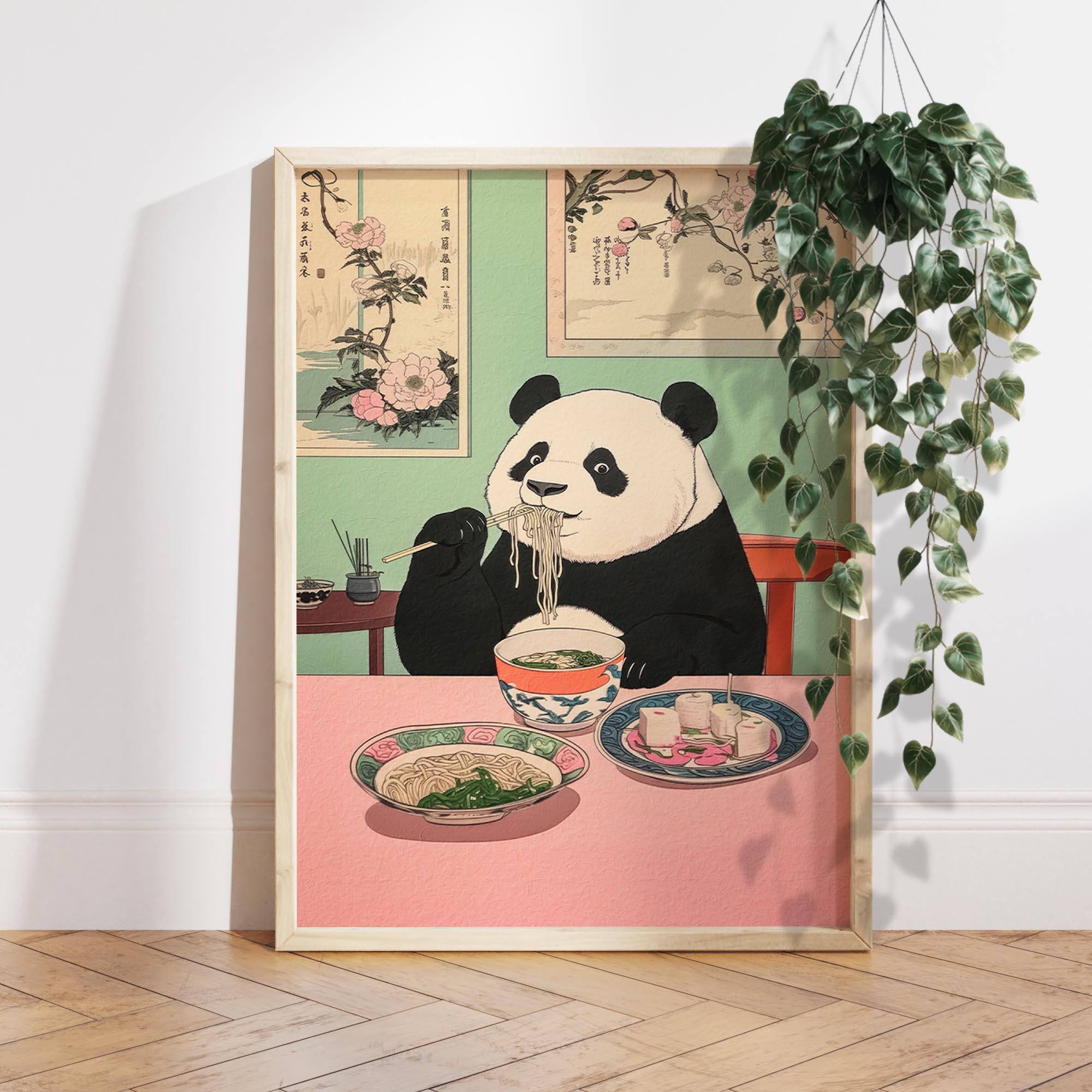 Panda Eating Noodles Japan Art Print, Japanese Wall Decor, Neutral ...