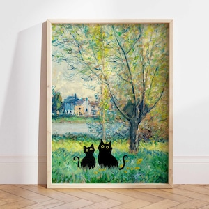 Arte de gato negro, lámina de gato de Monet, póster de dos gatos negros, arte de gatos, lámina de gato divertida, idea de regalo divertida de gato y gatito Gato en una pintura famosa PS0518