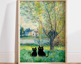 Zwarte kat-kunst, Monet-katafdruk, poster twee zwarte katten, kattenkunst, grappige kat-afdruk, kat en kat grappig cadeau-idee kat in beroemd schilderij PS0518