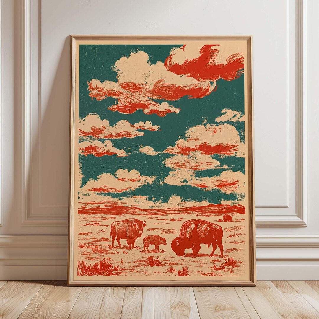 Vintage Bison Wall Art, Retro Western Poster, Buffalo Desert Landscape ...