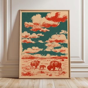 Cuadro de bisonte vintage para pared, póster retro del oeste, lámina de paisaje desértico con bisontes, decoración rústica de vida silvestre.