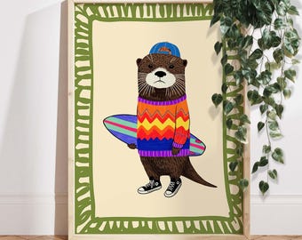 Arte de pared con tabla de surf de nutria, estampado de animal hipster para habitación infantil, decoración divertida para niño pequeño, póster colorido de animales de playa para sala de juegos.