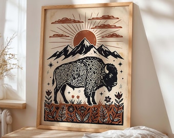 Buffalo Mountain Wall Art Print, Bison Western Poster, Rustic Folk Decor, Southwestern Nature Artwork