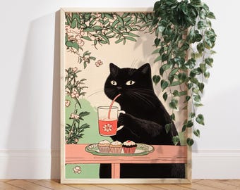 Japanese Style Cat Poster Gift, Black Cat Tea Time Wall Art, Cute Dessert Cat Print, Japanese Kitchen Decor, Cat Lover Gift, Zen Art PS0763