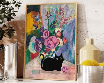 Black Cat Art, Henri Matisse Cat Print, Flowers Cat Poster, Floral Print, Funny Cat print, Funny gift, Home decor Galerry Wall Art PS0501