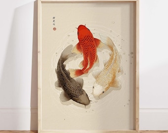 Póster de pez koi japonés, arte mural asiático minimalista, pintura acuática zen, decoración japonesa, impresión de estanque tranquilo, obra de arte oriental moderna