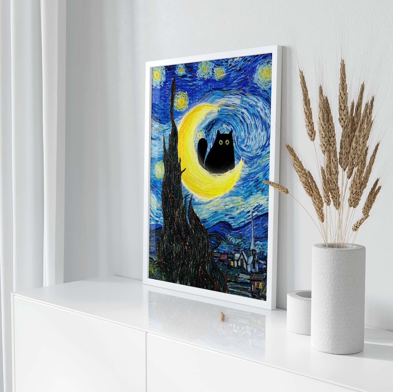 Vincent Van Gogh's The Starry Night Cat Print, Van Gogh Cat Poster, Black Cat Art, Funny Cat print, Funny gift, Home decor Poster PS0183 image 4