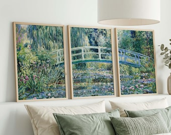 Tríptico de los Nenúfares de Monet, conjunto de impresiones artísticas de puentes japoneses