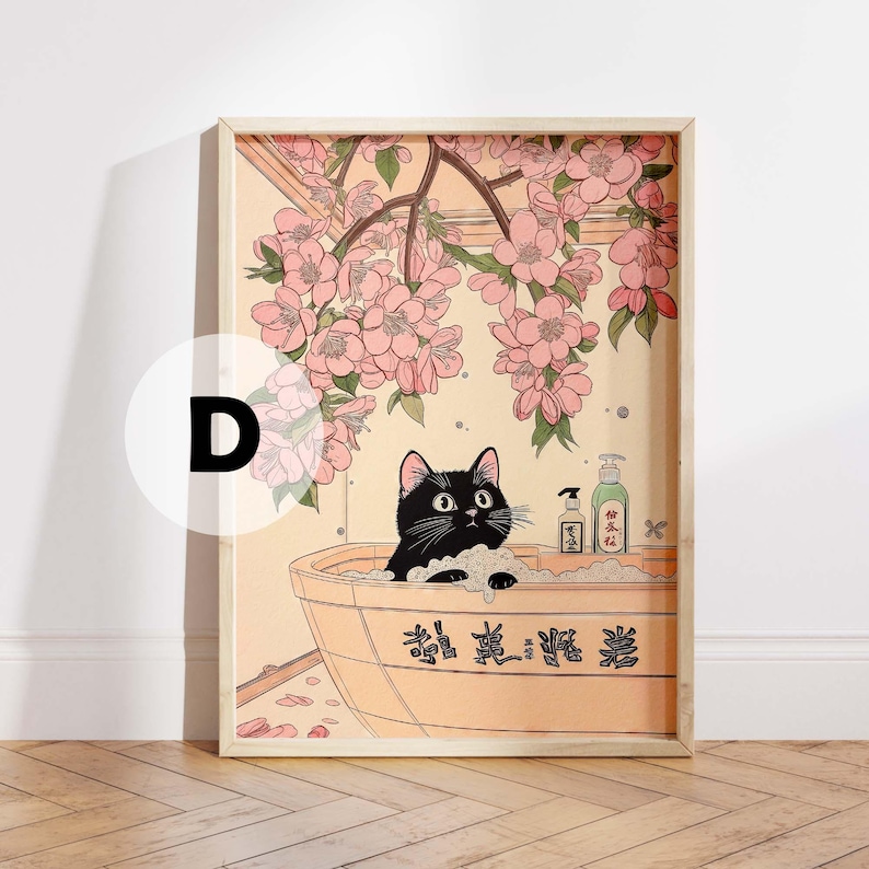 Japanese Cat 6 Print Set Gift, Black Cat Wall Art Poster Bundle, Zen ...