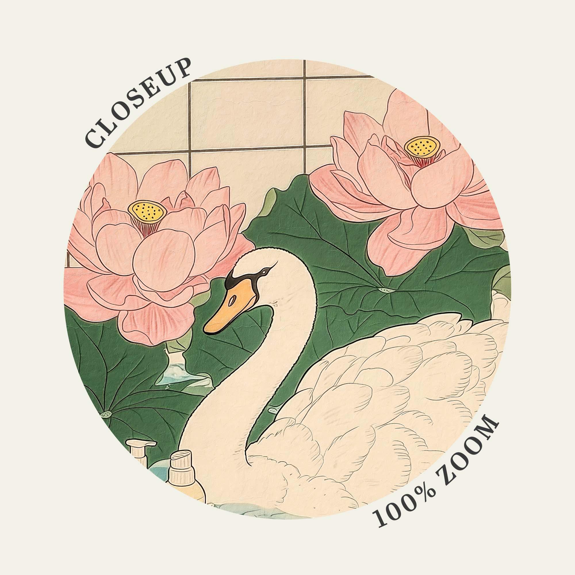 White Swan in Bathtub Japanese Bathroom Decor, Japan Bird Art