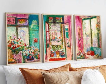 Matisse Conjunto de 3 grabados, Ventana abierta Flores Matisse, Decoración floral de la pared, Arte de la pared de primavera, Idea de regalo, Flores de jardín Matisse Pintura PS0544