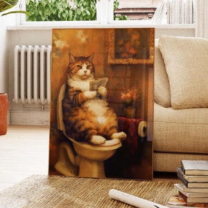 Gato atigrado sentado en un inodoro leyendo el periódico Pintura Póster divertido de gato Póster de decoración de pared para baño Regalo para amantes de los gatos Arte de pared PS0583