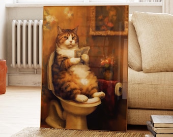 Gato atigrado sentado en un inodoro leyendo el periódico. Pintura divertida de gato. Póster para decoración de pared de baño. Regalo para amantes de los gatos. Arte de pared PS0583