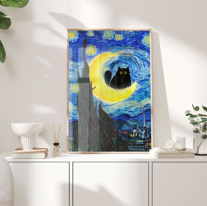 Vincent Van Gogh's The Starry Night Cat Print, Van Gogh Cat Poster, Black Cat Art, Funny Cat print, Funny gift, Home decor Poster PS0183 image 3