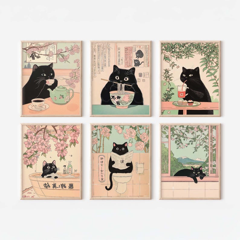 Japanese Cat 6 Print Set Gift, Black Cat Wall Art Poster Bundle, Zen ...