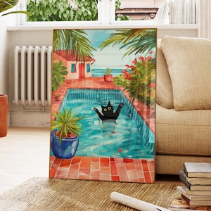Black Cat Swimming Pool Poster, Tropical Villa Wall Art with Humorous Cat Print, Black Cat Art, Funny Cat print gift for Cat Lover PS0612