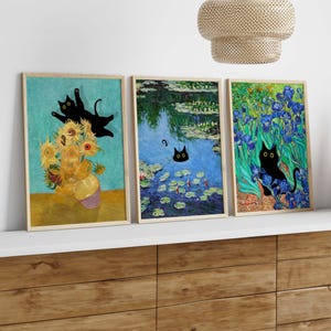 Set di 3 poster artistici con gatto nero, stampa divertente con gatto nelle ninfee, poster con girasoli di Van Gogh, regalo divertente, regalo di arte da parete della galleria felina A23