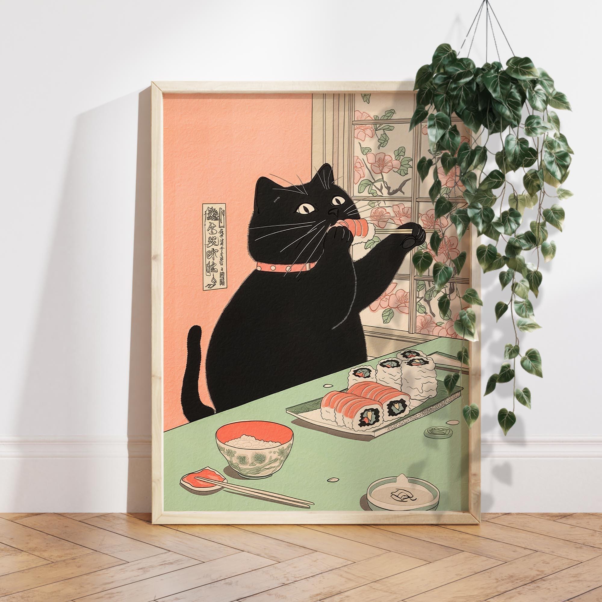 Japanese Black Cat Eating Sushi Art Print, Japan Wall Decor, Neutral ...