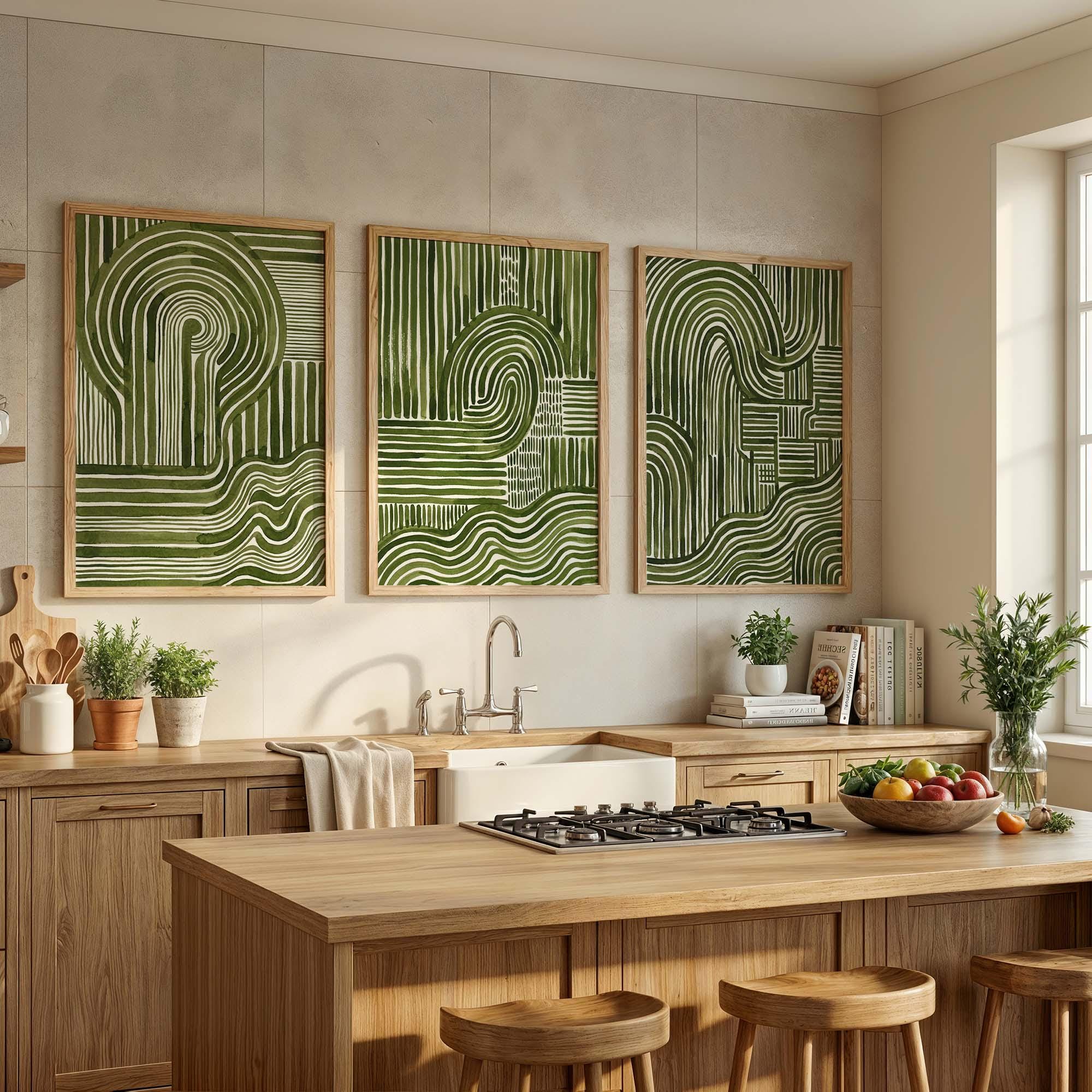 Abstract Green Wall Art Set of 3, Mid Century Modern Line Print Trio ...