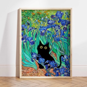 Vincent Van Gogh&#39;s Irises Cat Print, Van Gogh Cat Poster, Black Cat Art, Floral Print, Funny Cat print, Funny gift, Home decor Poster PS0130