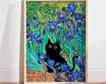 Vincent Van Gogh&#39;s Irises Cat Print, Van Gogh Cat Poster, Black Cat Art, Floral Print, Funny Cat print, Funny gift, Home decor Poster PS0130