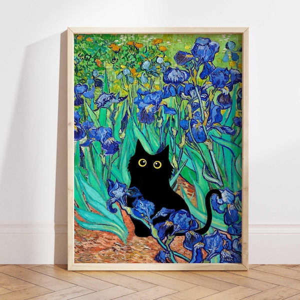 Lámina de lirios y gato de Vincent Van Gogh, póster de gato de Van Gogh, arte de gato negro, lámina floral, lámina de gato divertida, regalo divertido, póster de decoración para el hogar PS0130