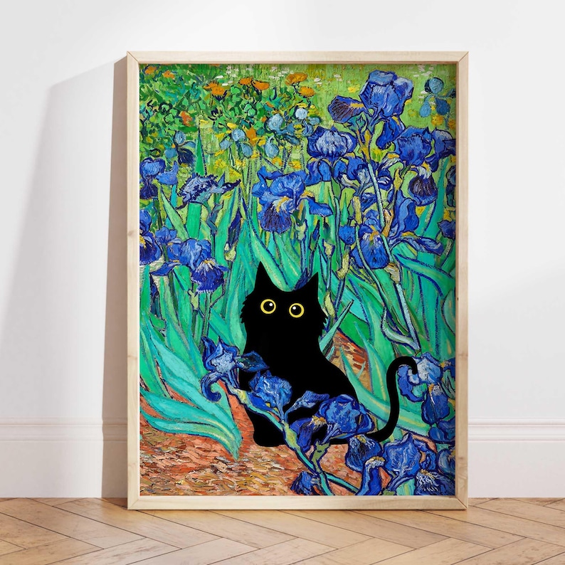 Vincent Van Gogh's Irises Cat Print, Van Gogh Cat Poster, Black Cat Art, Floral Print, Funny Cat print, Funny gift, Home decor Poster PS0130