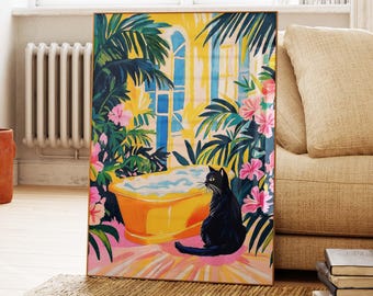 Black Cat Painting, Bathroom Cat Print, Funky Pink Decor, Matisse Funny Bathroom Wall Art, Tropical Pink Print, Gift For Cat Lover