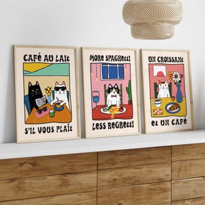 Set di 3 stampe di gatti, arte murale per cucina, spaghetti, caffè latte, poster di gatti con croissant, decorazione murale per sala da pranzo, idea regalo di arte con gatti A19