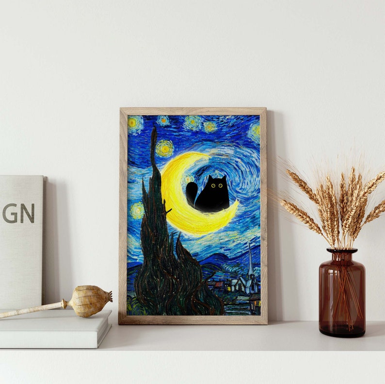 Vincent Van Gogh's The Starry Night Cat Print, Van Gogh Cat Poster, Black Cat Art, Funny Cat print, Funny gift, Home decor Poster PS0183 image 6
