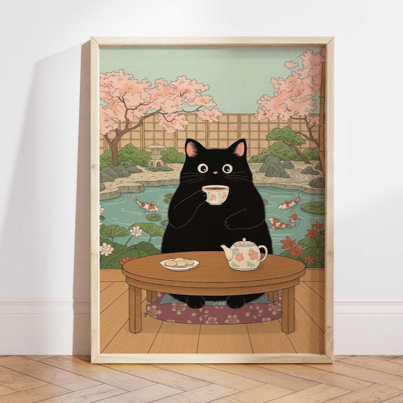 Black Cat Japanese Tea Art Print, Kitchen Sakura Koi Pond Poster