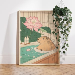 Impresión de carpincho, arte de pared estético de spa, impresión de baño japonés, póster de baño, decoración de pared japonesa, impresión de arte animal, regalo único de carpincho PS0744