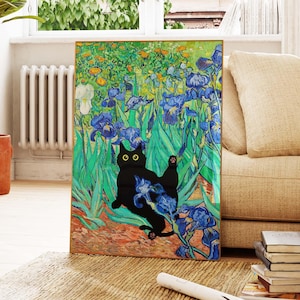 猫プリント ヴァン ゴッホ アイリス 黒猫ポスター、黒猫ウォールアート、花柄プリント、面白い猫プリントギフト、室内装飾ポスター PS0654