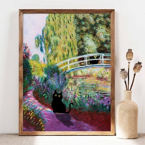 Monet Garden Cat Print, Claude Monet Flowers Cat Poster, Irises Cat Art, Floral Print, Funny Cat print, Funny gift, Home decor Poster PS0284